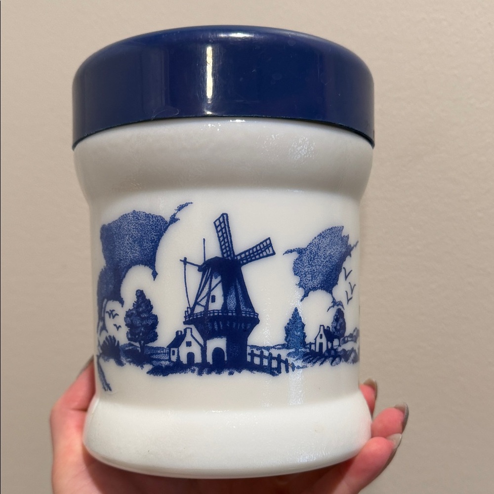 🫙 Vintage Holland Delft Blue Windmill Milk Glass Tobacco Humidor Canister